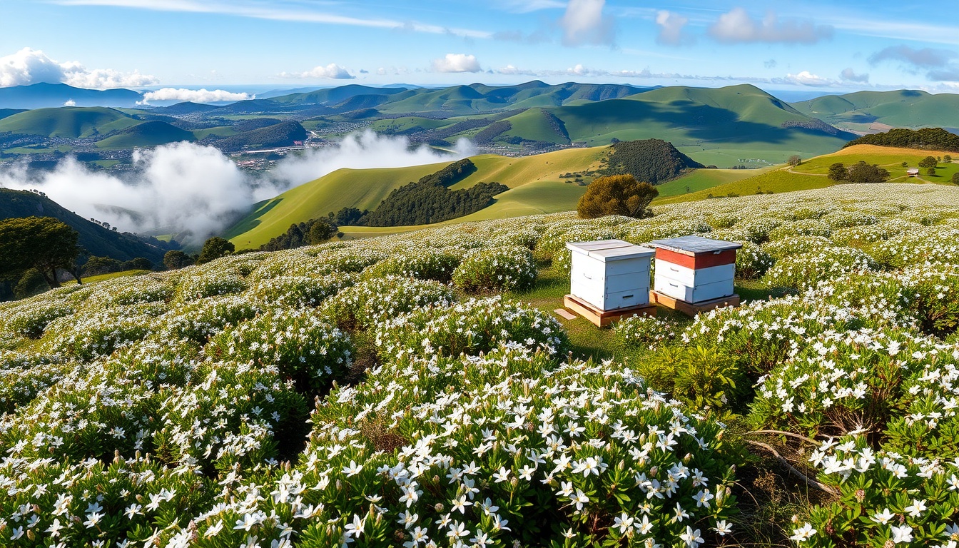 Sweeping New Zealand hillside landscape covered in white-flowering manuka scrubland with beehives placed among the low-growing bushes, misty morning light and native fern vegetation, blue New Zealand sky in the background