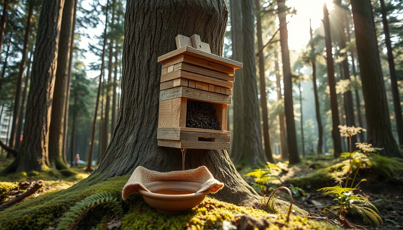 Documentary photography of traditional Nihon mitsubachi (Japanese honeybee) beekeeping in a Japanese mountain forest — a traditional stacked wooden jū-bako hive of natural cedar wood attached to a broad tree trunk in a Japanese cedar forest, small dark Apis cerana japonica bees visible at the entrance, morning dew on forest undergrowth, shafts of warm sunlight through tall cryptomeria cedar trees, Japanese mountain forest atmosphere, documentary nature photography, warm earthy tones, authentic and serene