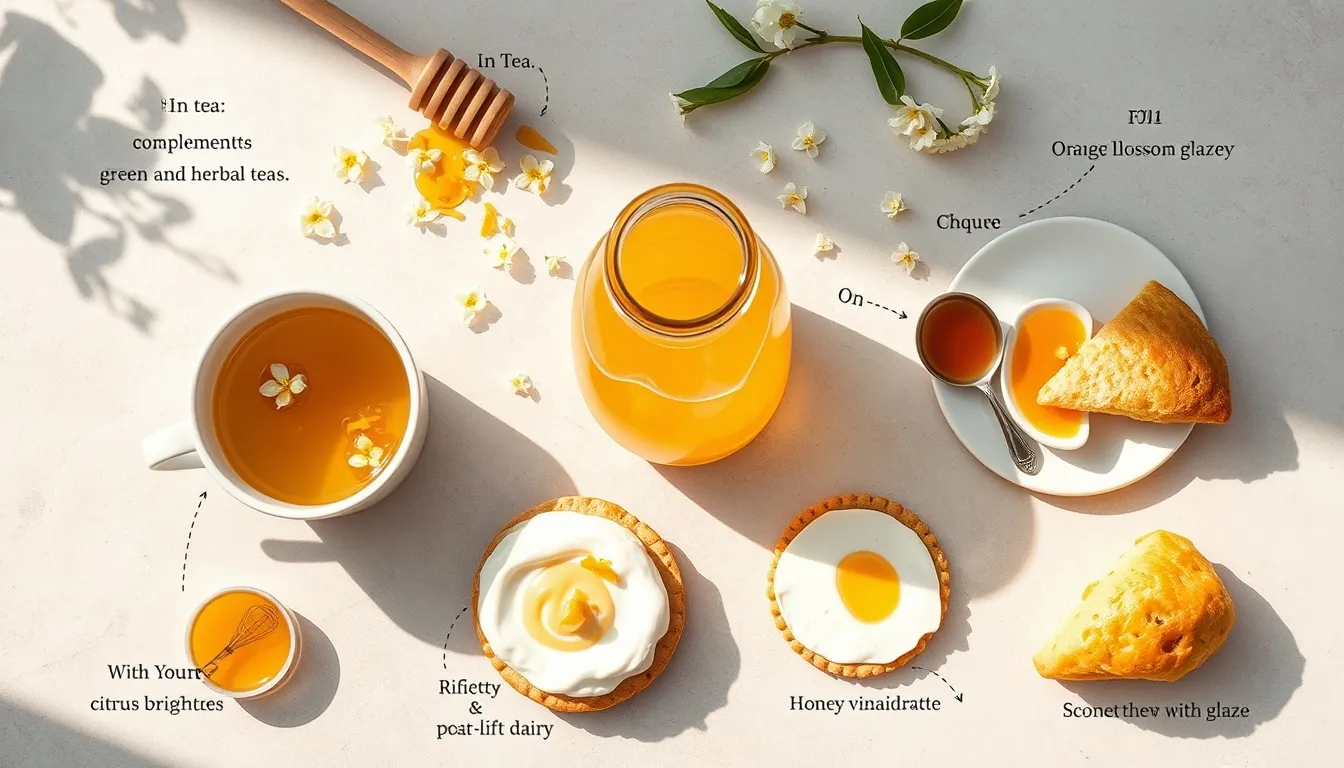 Orange blossom honey culinary uses — Mediterranean spread showing honey drizzle with cheese board, green tea, yogurt bowl, and baked scone on pale stone surface