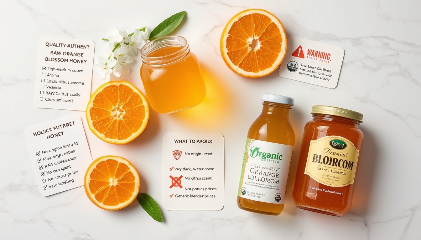 Orange blossom honey quality guide — authentic single-origin jar with orange blossom flowers, checklist card, and comparison with generic blended honey on white marble