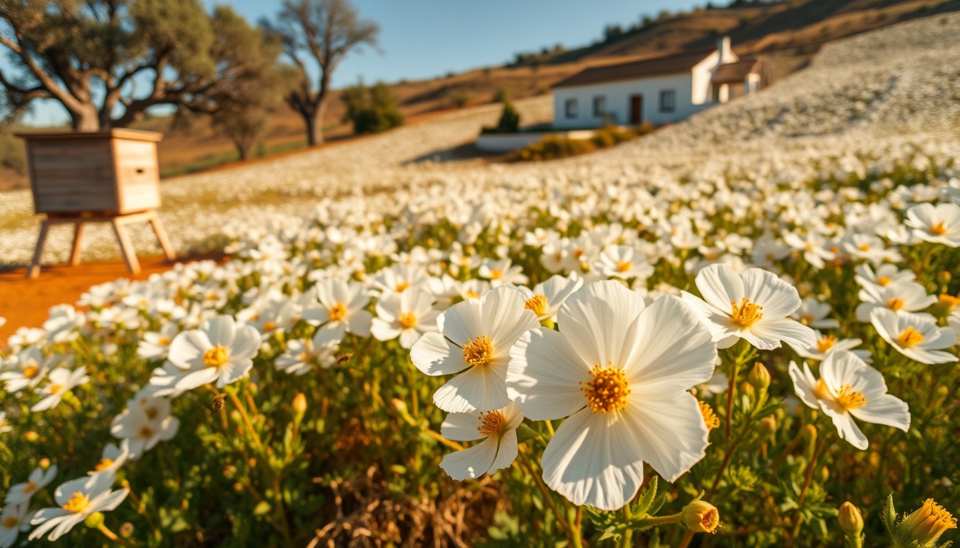 Portuguese hillside landscape in spring covered in blooming Cistus ladanifer rock rose — white flowers with gold pollen centres and dark crimson basal spots blanket a sun-warmed hillside, cork oak trees visible in the background, a traditional Portuguese traditional wooden beehive box visible at the field edge, golden spring light, documentary botanical photography, abundant blooms in foreground detail