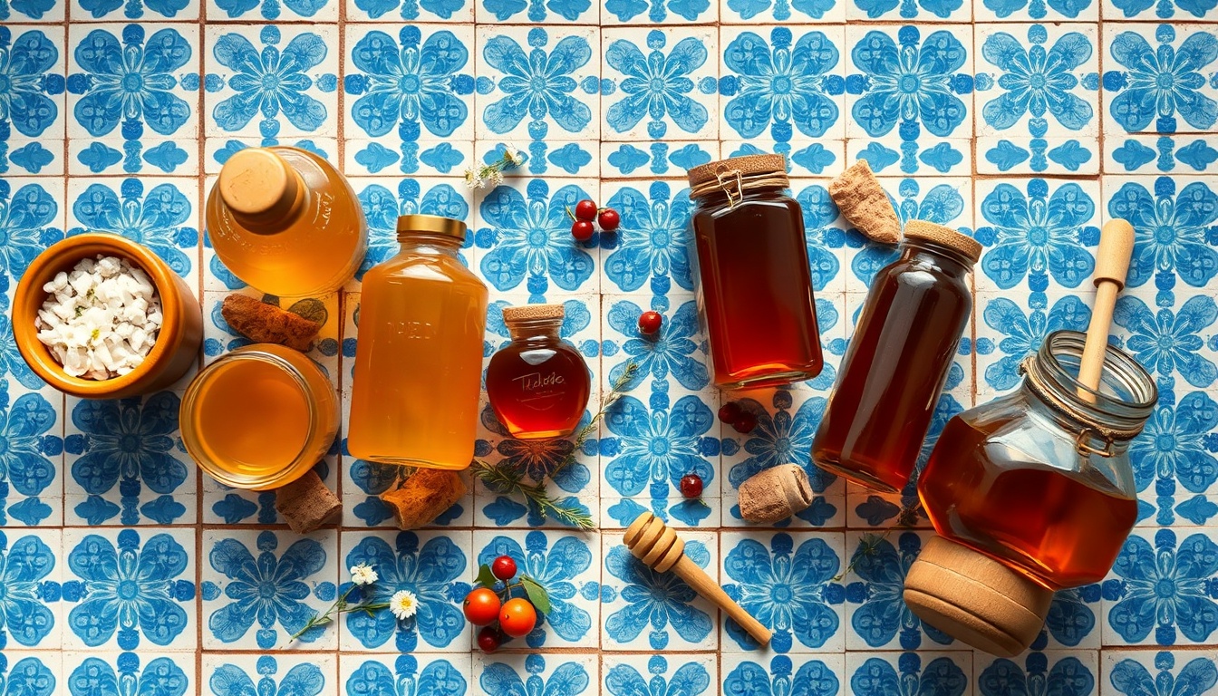 Elegant artisan flat lay of seven Portuguese honey varieties on a traditional hand-painted azulejo blue tile surface — from left: very pale white crystallized cistus honey in a ceramic jar, light golden rosemary honey, medium amber orange blossom honey, dark amber urze heather honey with gel-like texture, dark reddish-brown medronheiro honey, dark carob honey, and deep amber chestnut honey — a carved Portuguese cork honey dipper, fresh Cistus flower, Arbutus red fruit, heather sprig, and dried rosemary arranged between jars, warm afternoon Mediterranean light