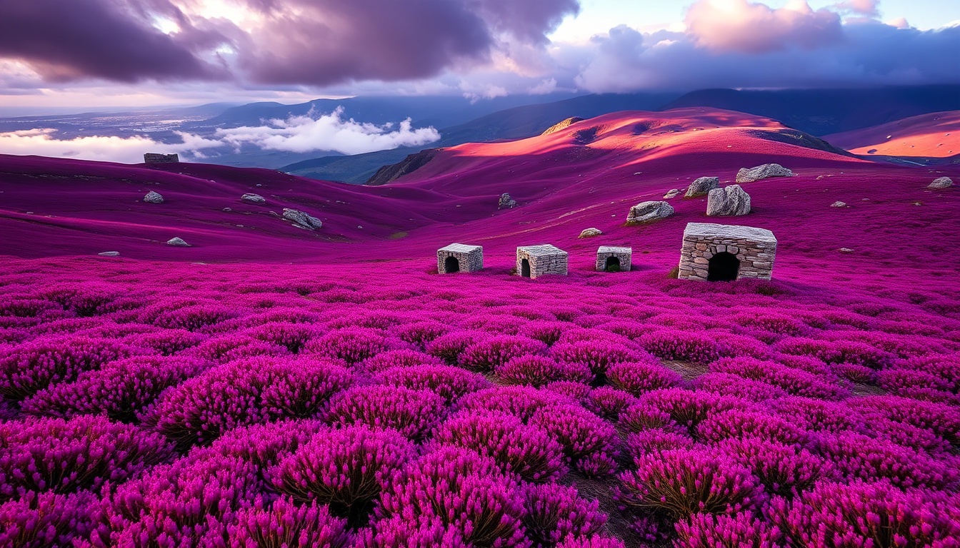 Dramatic wide landscape of Portuguese heather moorland in full bloom — vast purple-pink Calluna vulgaris heather covering the Serra da Lousã mountain slopes, traditional stone beehive structures in the foreground, morning mist rising from the granite valleys, Atlantic light filtering through clouds, documentary landscape photography, rich violet and gold tones