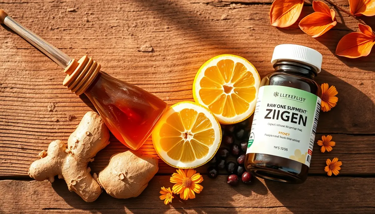 Warm editorial flat lay of propolis tincture dropper, raw honey, ginger root, lemon, elderberries, and zinc supplements for immune support