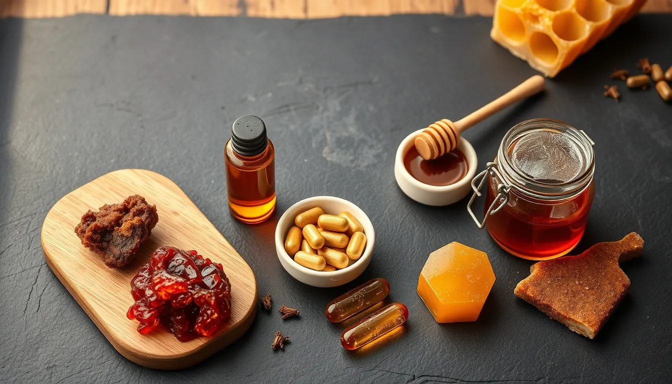 Editorial flat lay of propolis product forms: raw propolis chunk, amber tincture vial, throat spray, capsules, and propolis-infused honey on dark slate