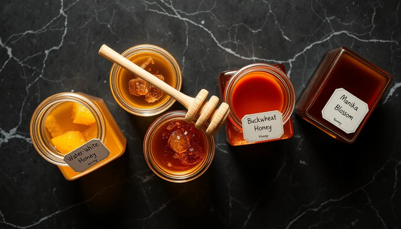 Five raw honey jars on white marble: light acacia, amber wildflower, dark buckwheat and manuka, and golden orange blossom