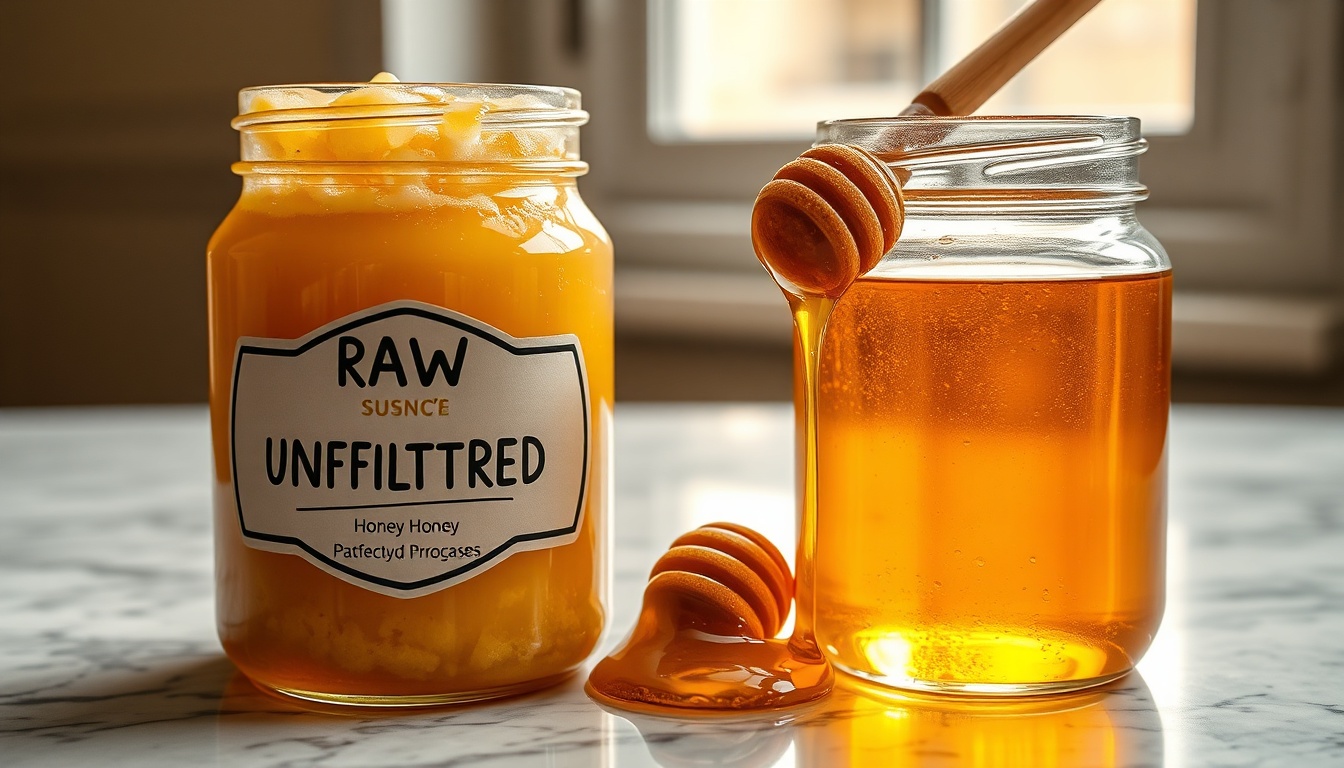 Side-by-side comparison of naturally crystallized raw honey (opaque, cloudy) versus clear pasteurized processed honey — showing the visual difference