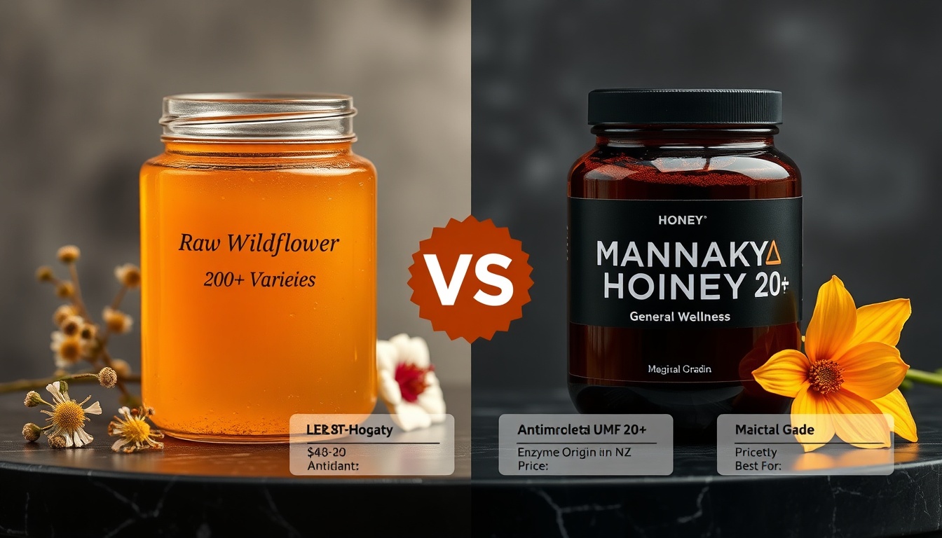 Head-to-head comparison of raw wildflower honey versus premium Manuka honey UMF 20+ showing key differences in color, origin, and price