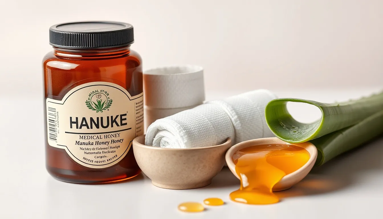 Medical-grade Manuka honey jar on a sterile clinical tray with gauze, medical supplies, and aloe vera plant