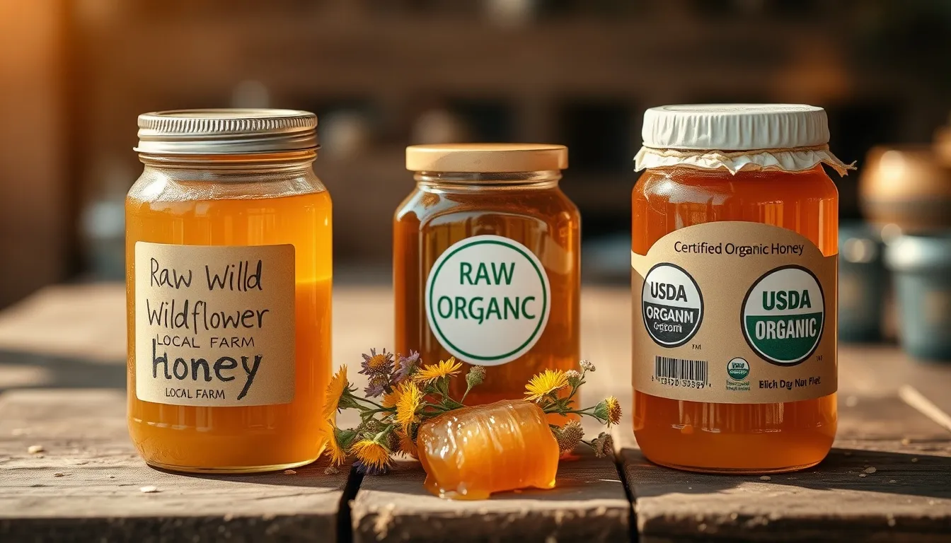 Three honey jars at a farmers market showing raw unfiltered honey, USDA certified organic honey, and the premium raw organic option — a consumer buying guide