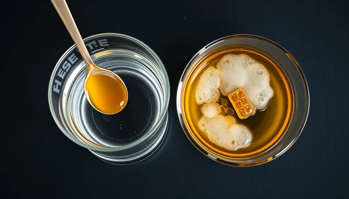 Side-by-side water test showing real honey sinking intact versus fake honey dissolving and clouding the water