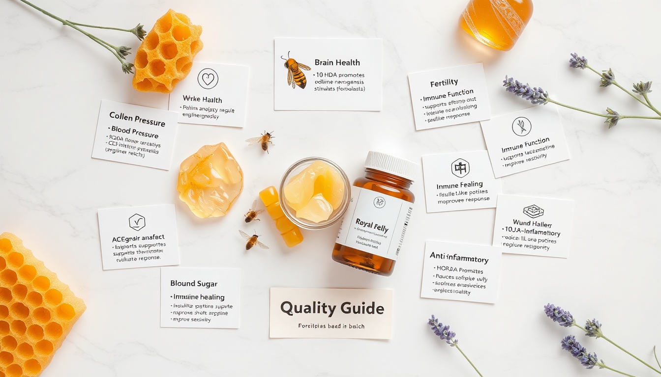 Royal jelly health benefits display — fresh royal jelly vial with 8 evidence-based benefit cards including brain health, collagen, blood pressure, and immune function