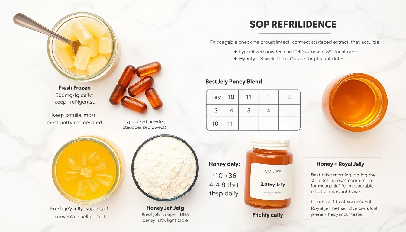 Royal jelly supplement forms — fresh frozen royal jelly, softgels, lyophilized powder, and honey-royal jelly blend with dosing guidance cards on white marble