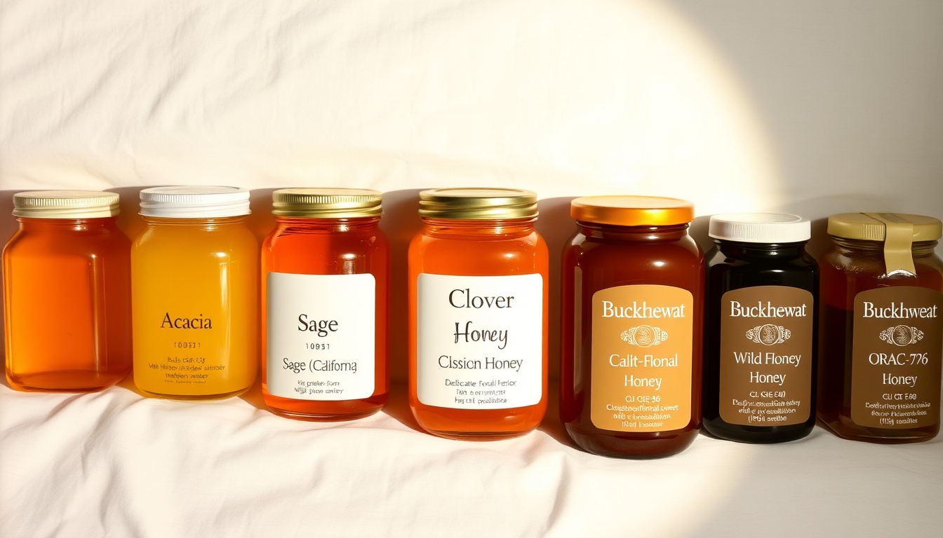 Sage honey comparison chart — five honey jars from acacia to buckwheat with GI, flavor, and crystallization data cards, with sage honey spotlight showing unique rosmarinic acid polyphenol advantage