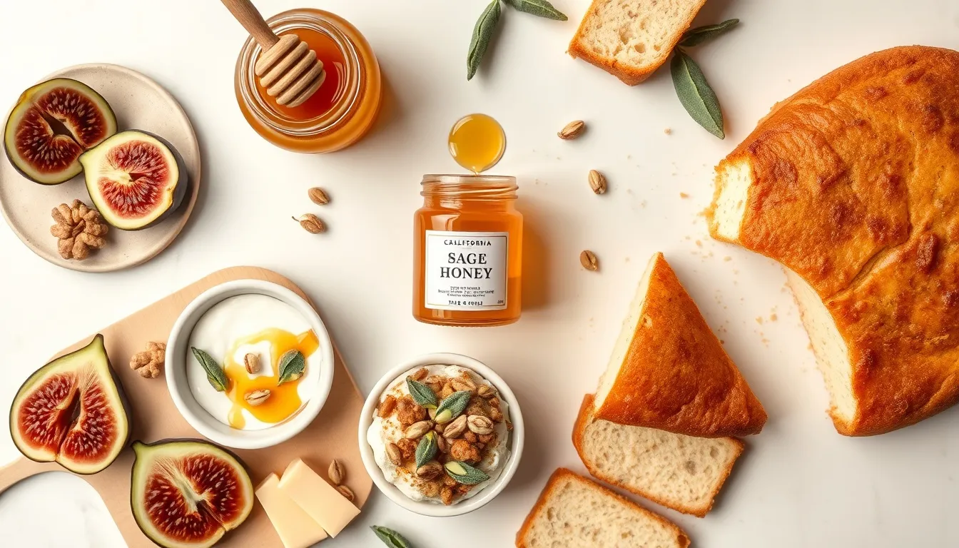 Sage honey culinary uses flat lay — cheese board with fig and manchego, Greek yogurt drizzle, honey-glazed chicken with sage, honey cake slice, and herbal tea with sage honey on pale cream marble