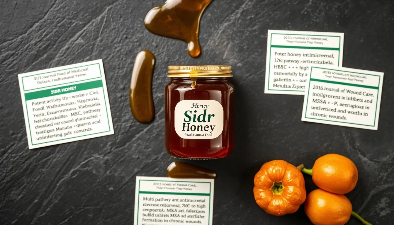 Premium Yemeni sidr honey jar on dark slate with antimicrobial research evidence cards showing comparable efficacy to Manuka UMF 15+, multi-pathway mechanisms, and fresh jujube branch