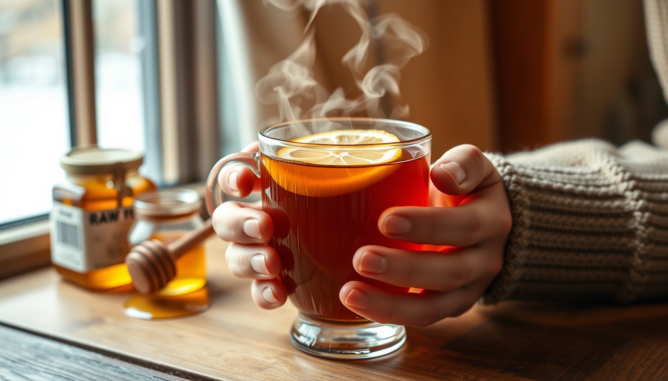 Two hands cupping a steaming glass mug of golden honey-lemon-ginger tea — a classic natural sore throat remedy