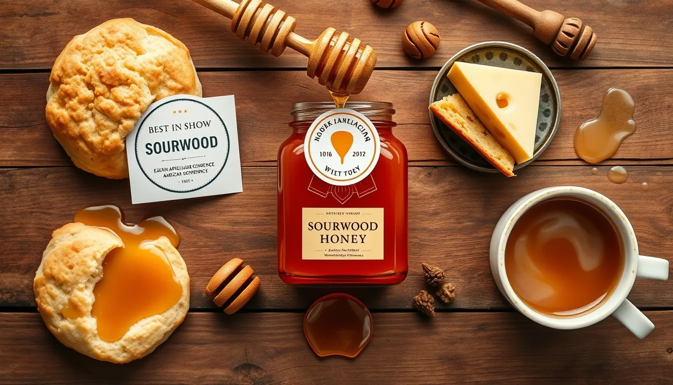 Amber sourwood honey jar with competition ribbon on rustic wood, beside biscuits, blue cheese, cornbread, and sliced pear