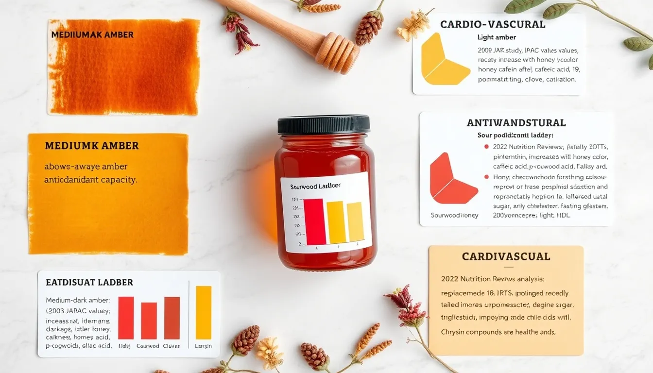 Sourwood honey jar with antioxidant chart, Nutrition Reviews study cards, and chrysin and ellagic acid compound cards