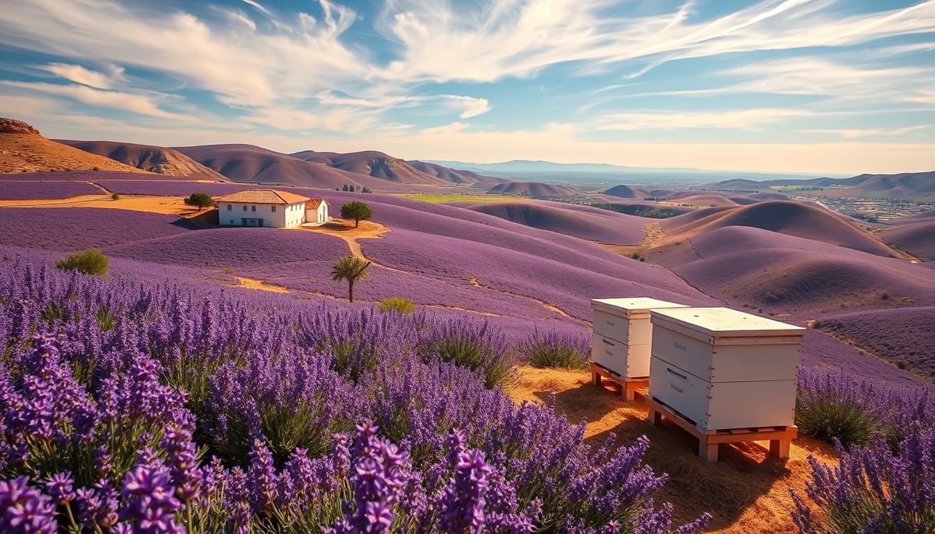 Panoramic aerial view of La Alcarria plateau in spring bloom — vast rolling limestone uplands covered with purple rosemary (romero) flowers and patches of lavender, small white traditional Spanish farmhouses and beehive yards visible in the golden morning light, with the distant Alcarria hills showing blue-gray scrubland, warm Mediterranean atmosphere