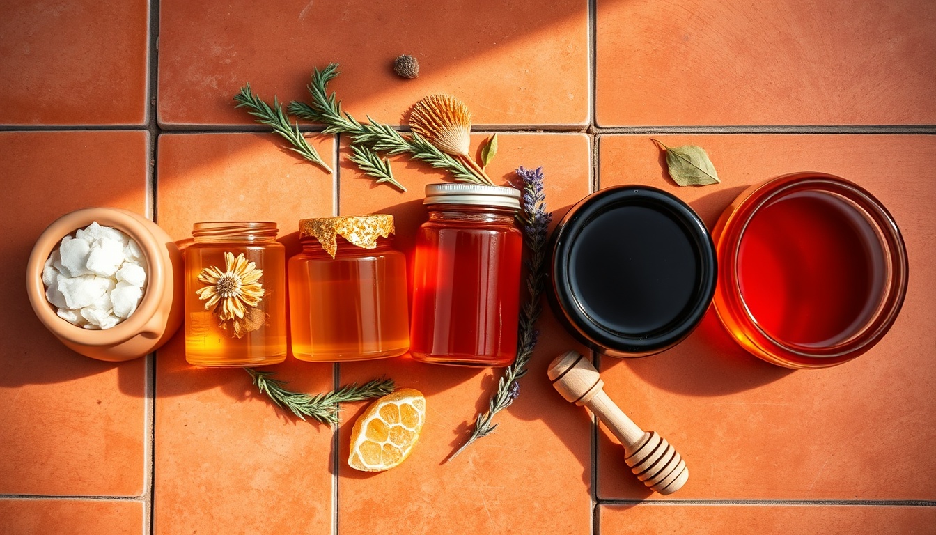 Elegant flat-lay food photography of six Spanish honey varieties on warm terracotta tile surface with dried rosemary sprigs, orange blossom, and lavender stems — left to right: pure white crystallized rosemary honey from La Alcarria in a ceramic crock, pale golden orange blossom honey in a glass jar, dark amber eucalyptus honey, rich amber thyme honey with honeycomb, very dark chestnut honey, and reddish-dark heather honey with a traditional Spanish wooden dipper, natural golden morning light