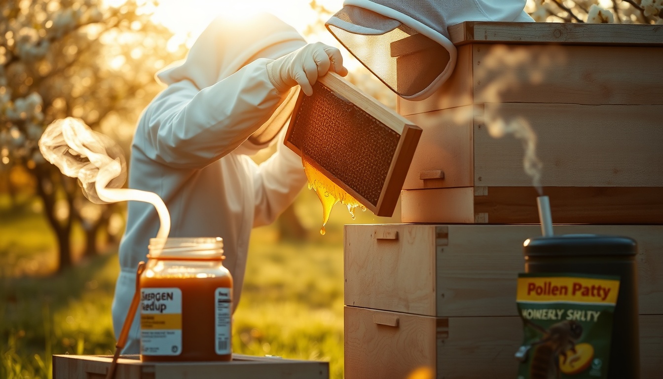 Beekeeper in white protective suit performing first spring hive inspection, lifting honeycomb frame with emergency feeding jar and pollen patty nearby, apple blossoms in background