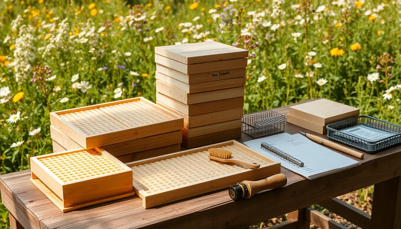 Beekeeping workspace with honey super boxes, clean frames with beeswax foundation, queen excluder, and hive tools laid out on rustic workbench with spring wildflower meadow blooming in background