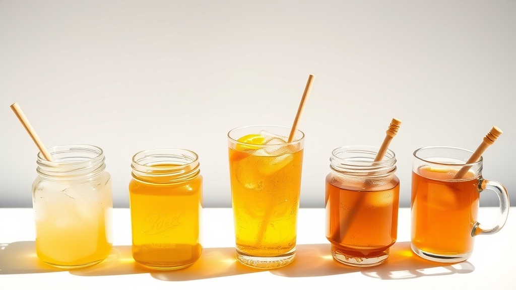 Five honey varieties — acacia, clover, orange blossom, wildflower, and buckwheat — each paired with its ideal summer drink
