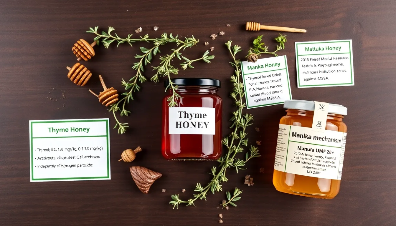 Dark amber Greek thyme honey jar with fresh thyme sprigs, antimicrobial compound mechanism cards, on dark walnut wood surface