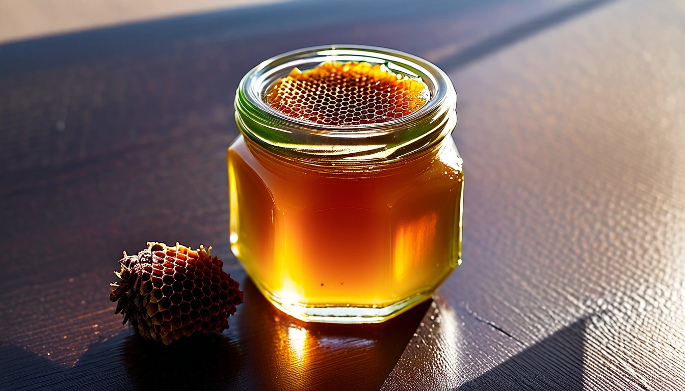 Unlabeled jar of medium amber thyme honey with a honeycomb chunk on dark walnut