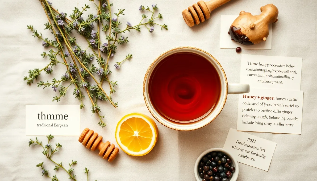 Thyme honey respiratory ritual — amber jar with steaming tea, fresh thyme, lemon, ginger, and elderberries on pale linen