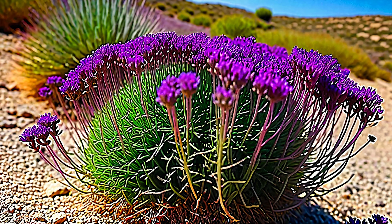 Low wild thyme shrub with small mauve-pink flower heads on a rocky Mediterranean hillside