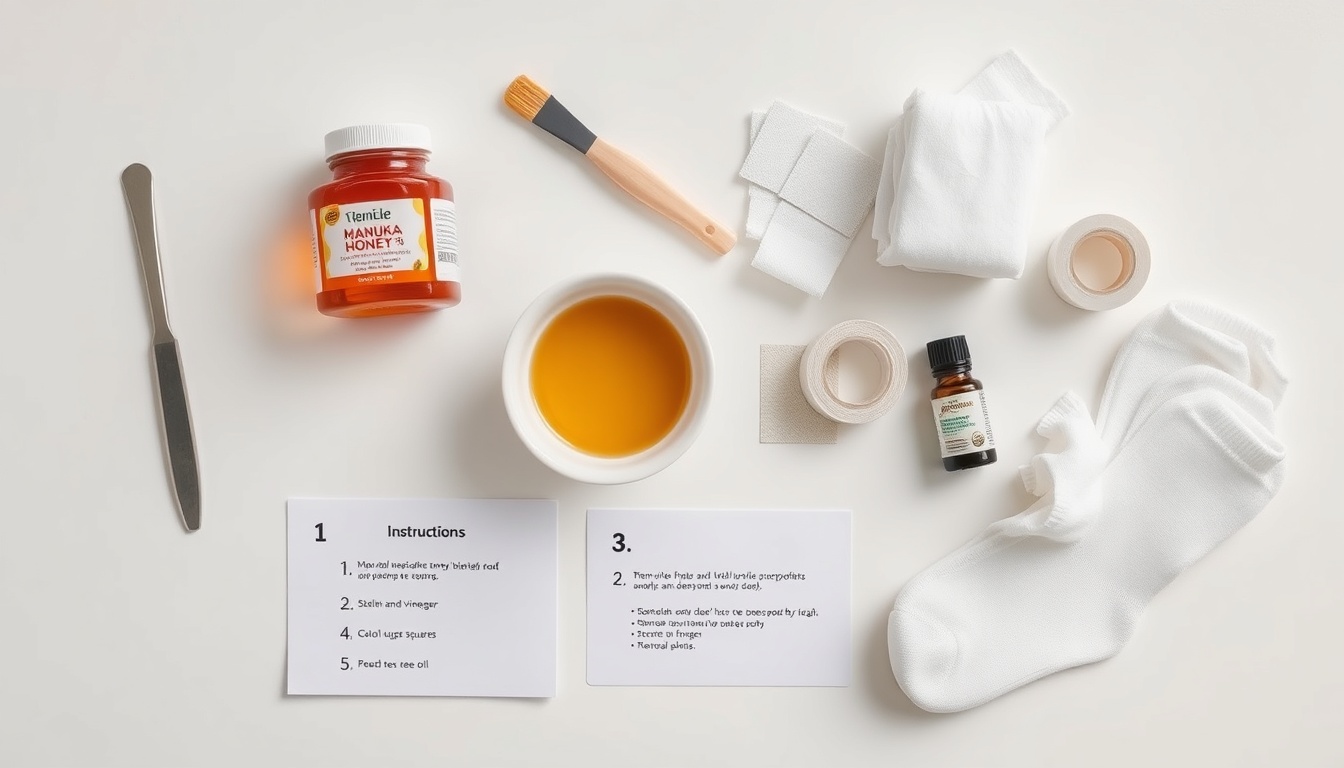 Complete toenail fungus honey treatment kit with Manuka honey, application brush, foot file, warm water bowl, sterile gauze, medical tape, tea tree oil, and step-by-step instruction card