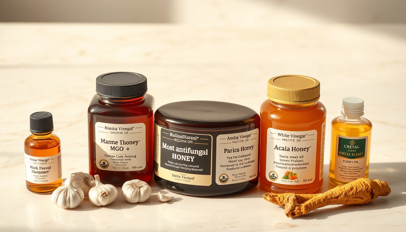 Four honey varieties for antifungal toenail treatment — Manuka UMF 20+, thyme honey, buckwheat, and acacia — with therapeutic compound cards and tea tree oil on cream marble