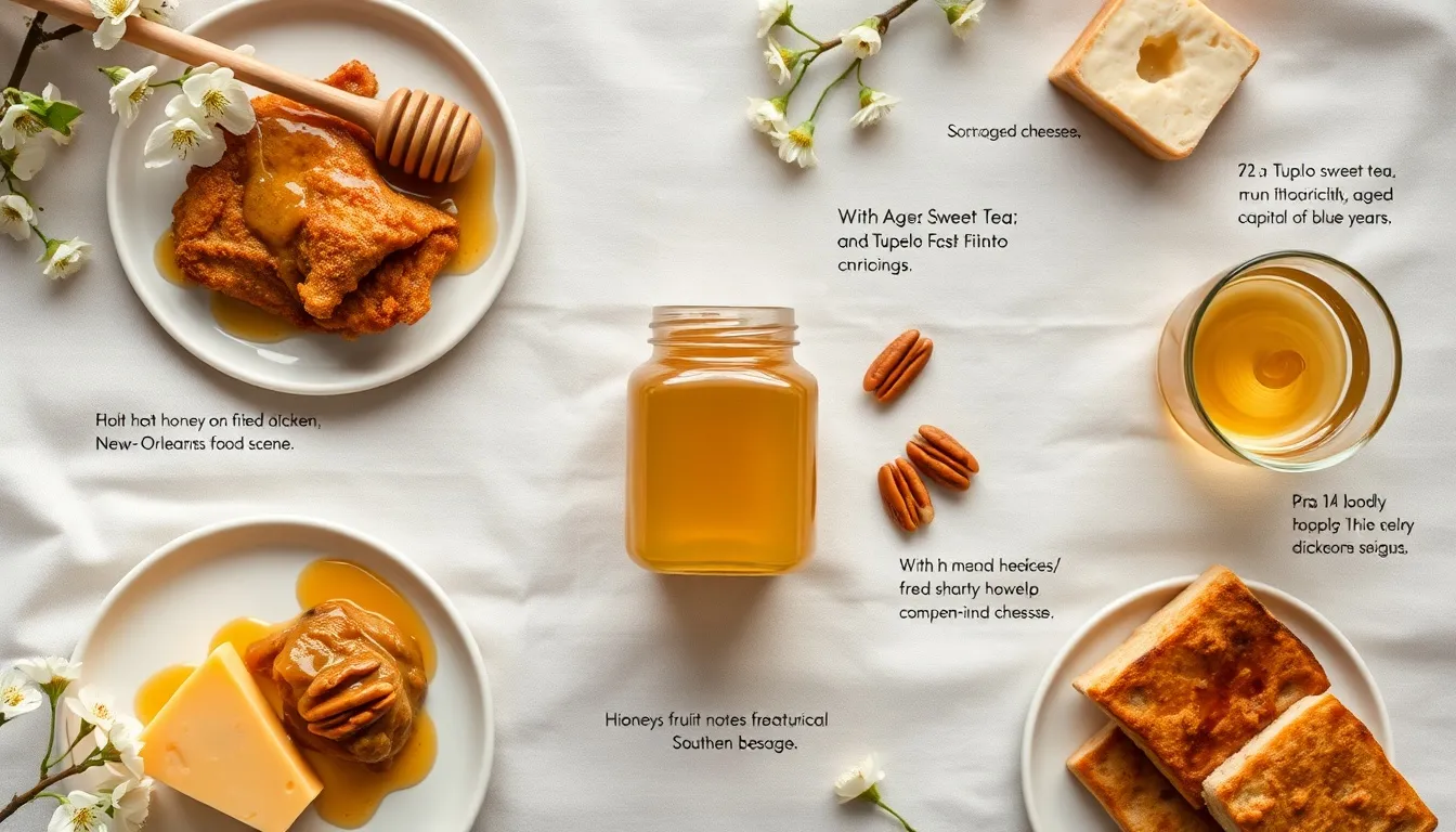 Tupelo honey flat lay: golden-green jar with drizzle, fried chicken, aged cheddar, sweet tea, buttermilk biscuit on linen
