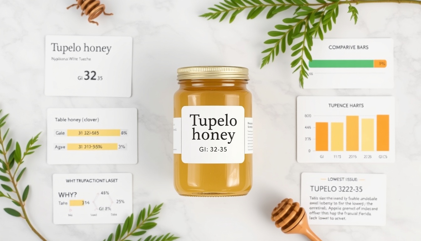 Pale golden-green tupelo honey jar from Apalachicola River Basin with GI chart, tupelo blossom on white marble