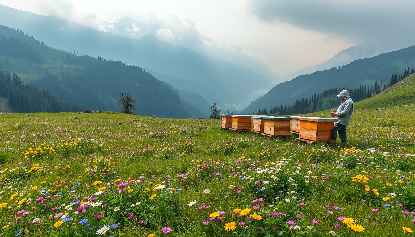 Misty alpine meadow in northeastern Turkey at 2,000 meters elevation, densely carpeted with wildflowers — purple cranesbill, yellow buttercup, white yarrow — with traditional wooden beehives arranged in a clearing and forested Kaçkar Mountain peaks in the background