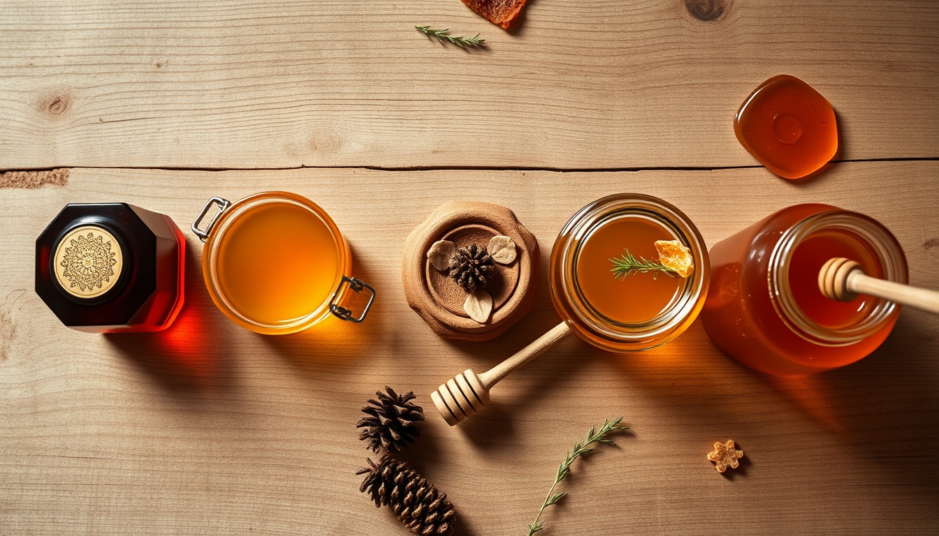 Overhead flat lay of five Turkish honey varieties on a natural wooden surface: dark reddish-brown pine honey jar, golden Anzer honey in a small glass pot with decorative lid, amber karakovan honey in a traditional clay pot, golden kars highland honey, and pale wildflower honey, with dried thyme sprigs, a pine cone, and a traditional Turkish ceramic bowl as styling elements