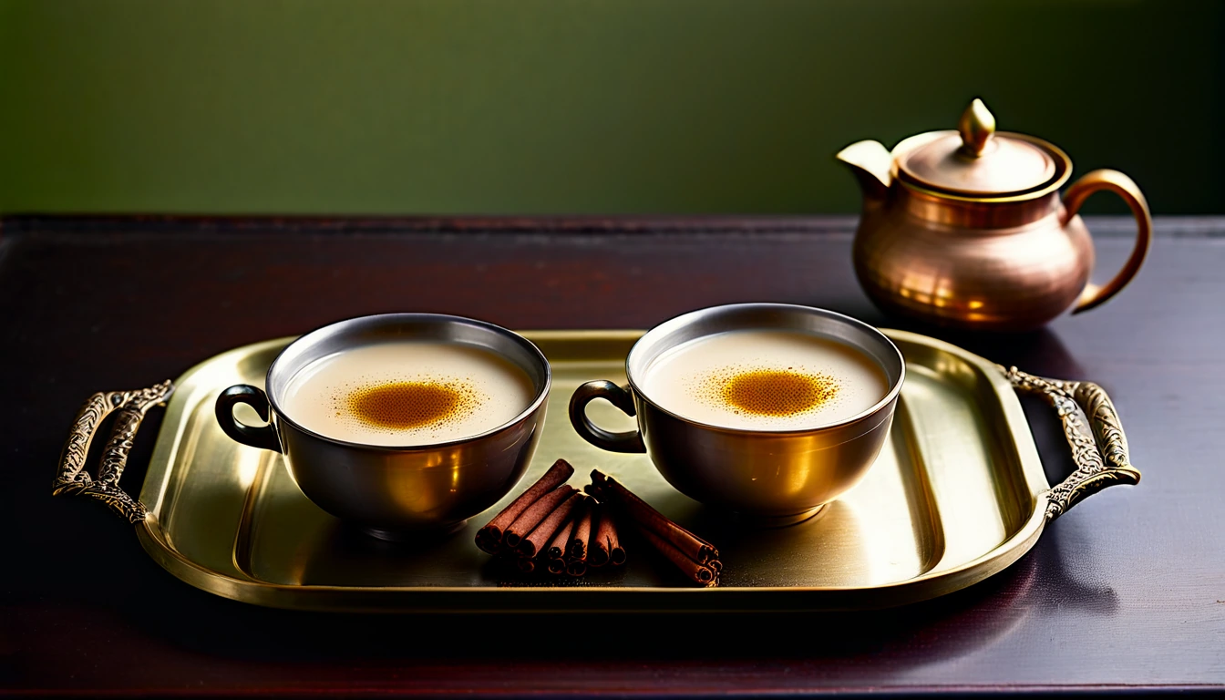 Two cups of milky masala chai on a brass tray with cinnamon sticks and a copper teapot