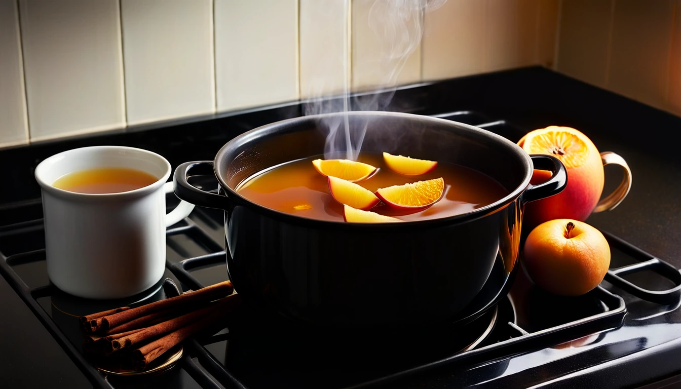 Pot of hot spiced apple cider with orange slices on a stove, cinnamon sticks and a mug beside it