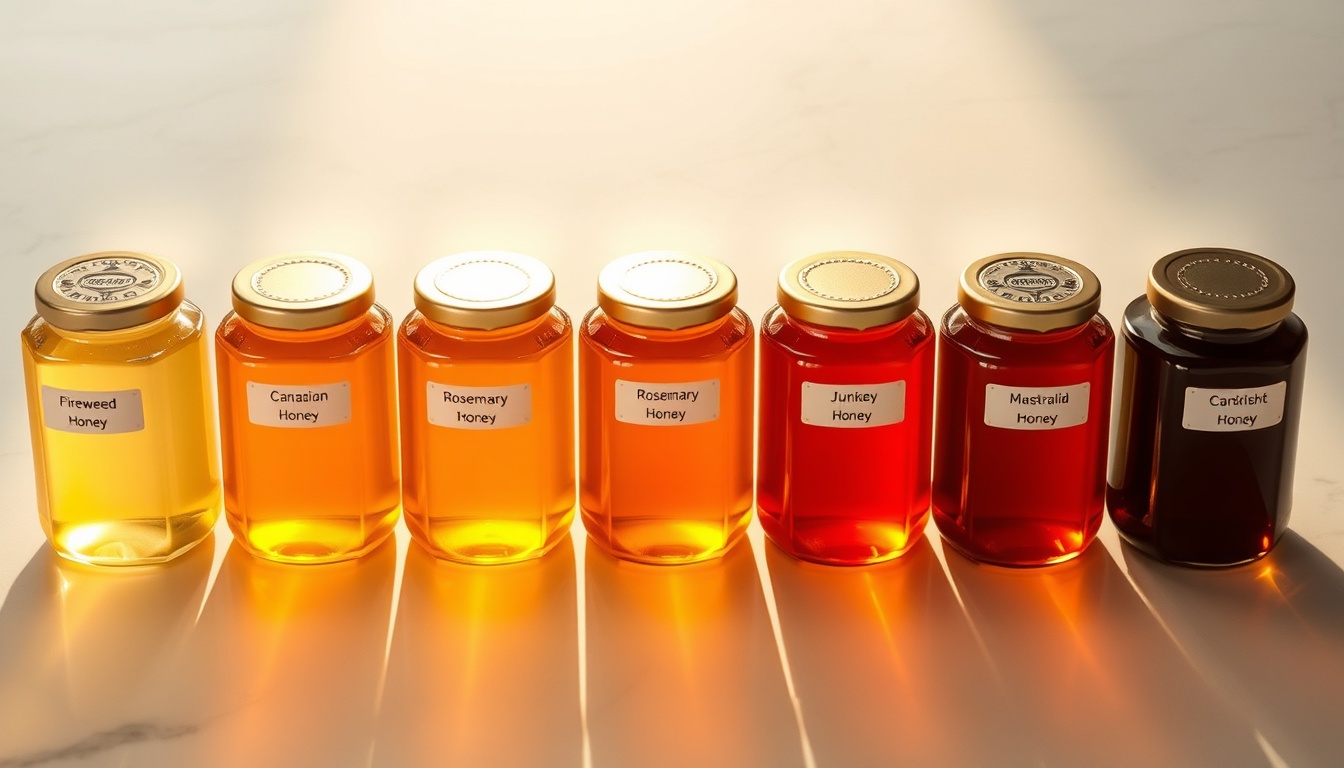 Dramatic overhead food photography showing the full honey color spectrum in a line of nine identical glass jars — from near-transparent Canadian fireweed honey on the left through pale Italian acacia, warm amber Greek thyme, dark New Zealand manuka, reddish Australian jarrah, to near-black Canadian buckwheat honey on the right — backlit to show the glowing stained-glass color gradient