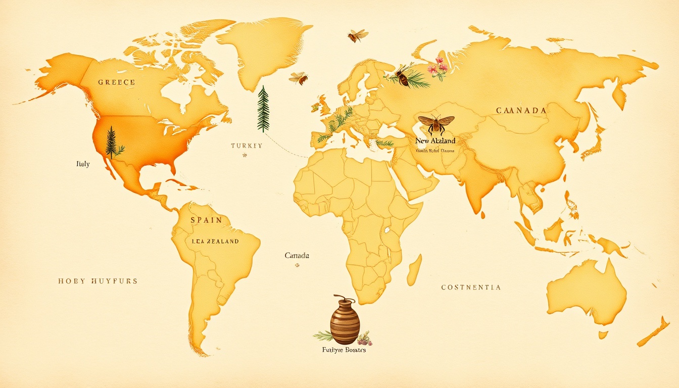 Artistic illustrated world map showing major honey-producing regions with botanical illustrations — Greece with thyme sprigs, Turkey with pine trees, Italy with acacia blossoms, Spain with rosemary, New Zealand with manuka flowers, Canada with fireweed, Australia with leatherwood and eucalyptus — warm honey-gold and watercolor style on parchment paper