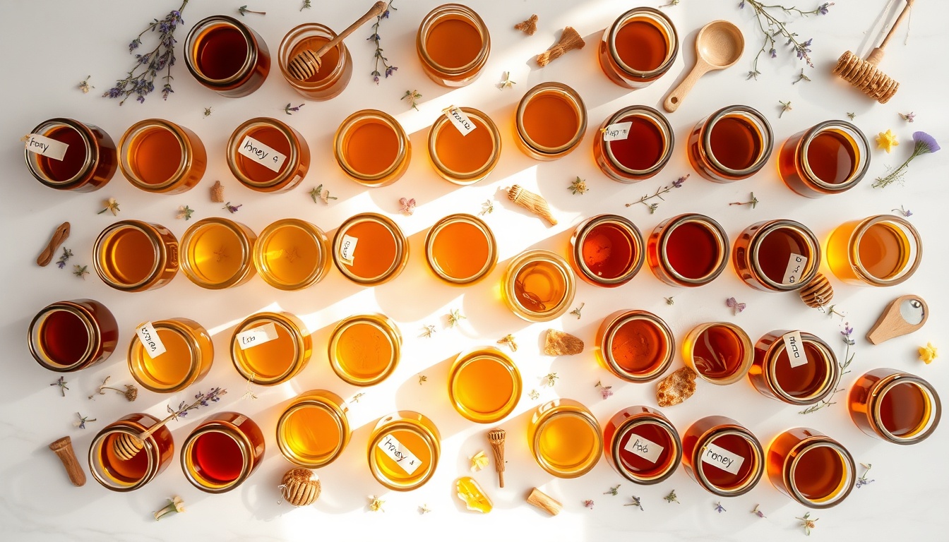 Dozens of honey varieties in glass jars ranging from pale golden to deep dark amber, arranged in a gradient pattern