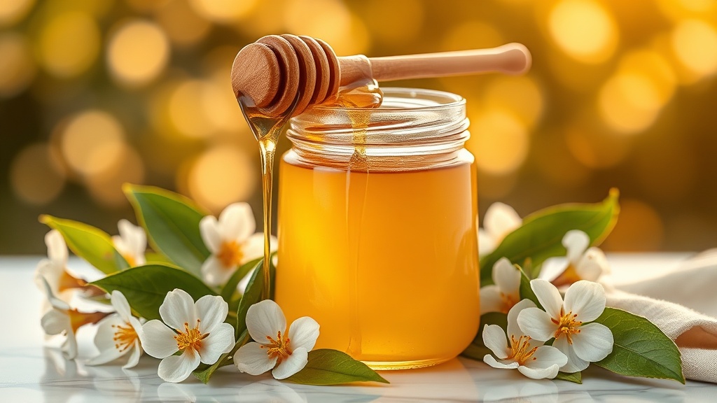 Glass jar of pale golden orange blossom honey surrounded by fresh white orange blossoms