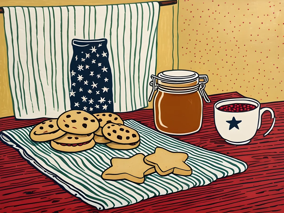 Folk-print illustration of a honey jar, cookies, star biscuits and a striped tea towel on a kitchen table.