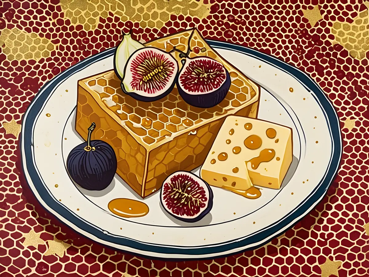 Folk-print illustration of a honeycomb slab with figs and a cheese wedge on a plate.