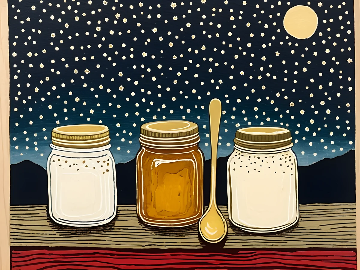 Folk-print illustration of three jars of light honey and a wooden spoon under a starry night sky.