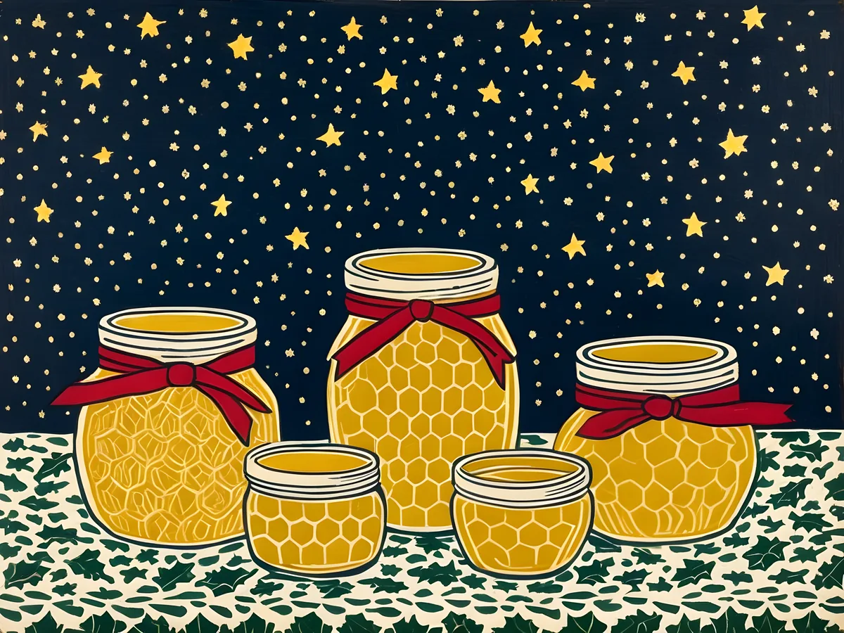 Folk-print illustration of golden honey jars tied with red ribbon, with honeycomb, under a starry night sky.