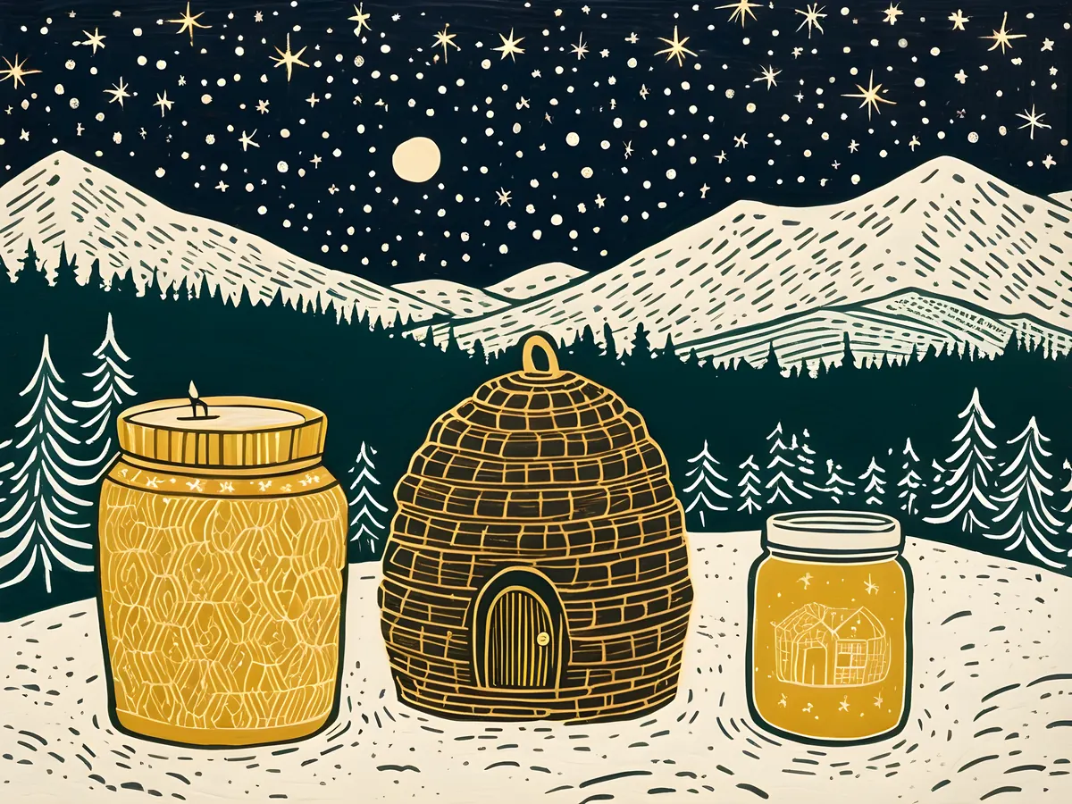 Folk-print illustration of two honey jars beside a straw beehive skep in a snowy pine landscape at night.