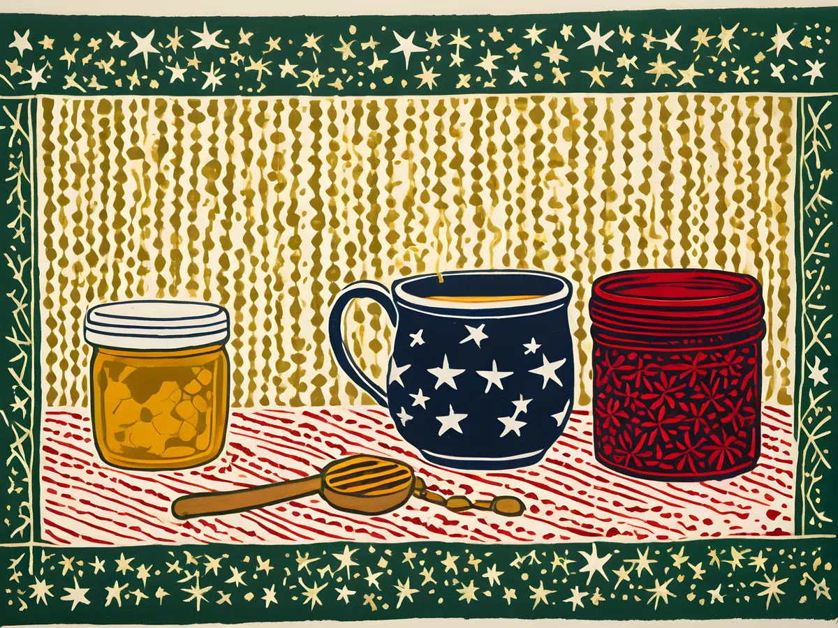 Folk-print illustration of a star-patterned mug of tea, honey jars and a wooden honey dipper on a red cloth.